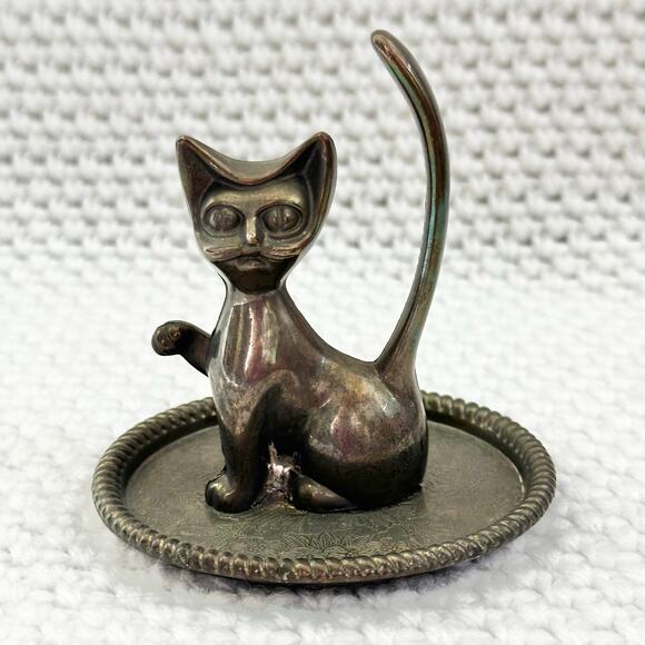 Vintage Hong Kong Silver Plated Marked Big Eyes Creepy MCM Cat Ring Holder - Picture 3 of 5